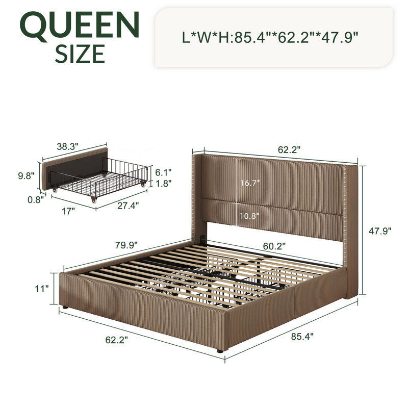 Brown Corduroy Upholstered Queen Bed Frame with Storage Drawers