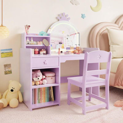 Kids Vanity Table and Chair Set with Mirror and Lights, Makeup Vanity Desk with Drawer and Open Storage Shelves, Wooden Dressing Table Bedroom