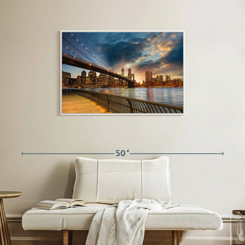 Soleil de Brooklyn Bridge, Cadre flottant blanc, 37 po x 25 po