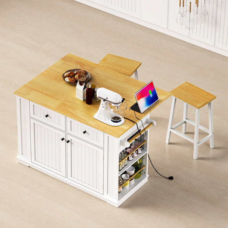 Large 48" Kitchen Island with Power Outlet, Drop Leaf, Storage Racks & Wheels, White, White