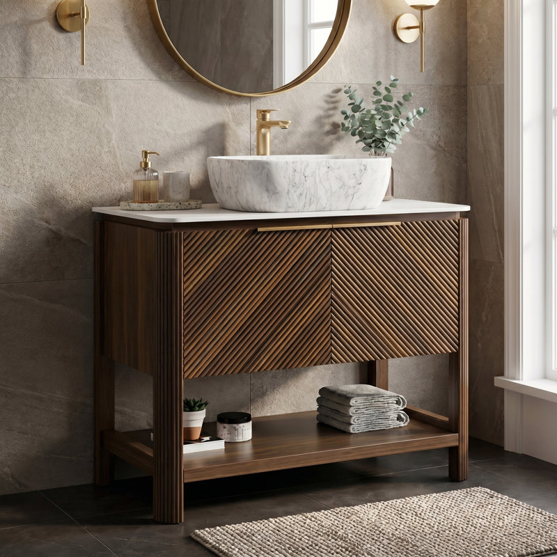 Linea 36" Freestanding Bathroom Vanity with 3D Textured Wood Veneer Doors, Carrara White Sintered Stone Top & Volakas Vessel Sink