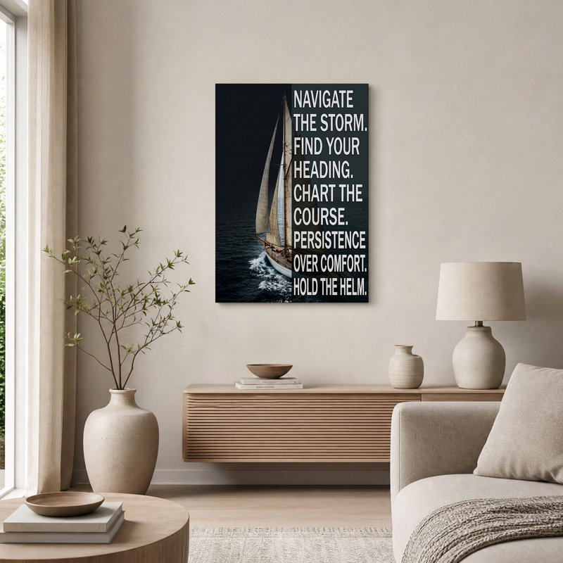 Voilier naviguant en mer agitée avec texte motivant - Tableau sur toile, H 48 po x l 36 po