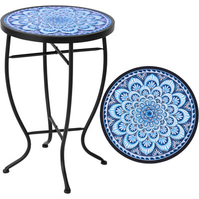 Table d'appoint ronde avec plateau en carreaux de céramique, table de patio décorative d'intérieur et d'extérieur au design d'inspiration grecque, table de bout résistante aux intempéries pour le jardin, le balcon, le porche et le salon