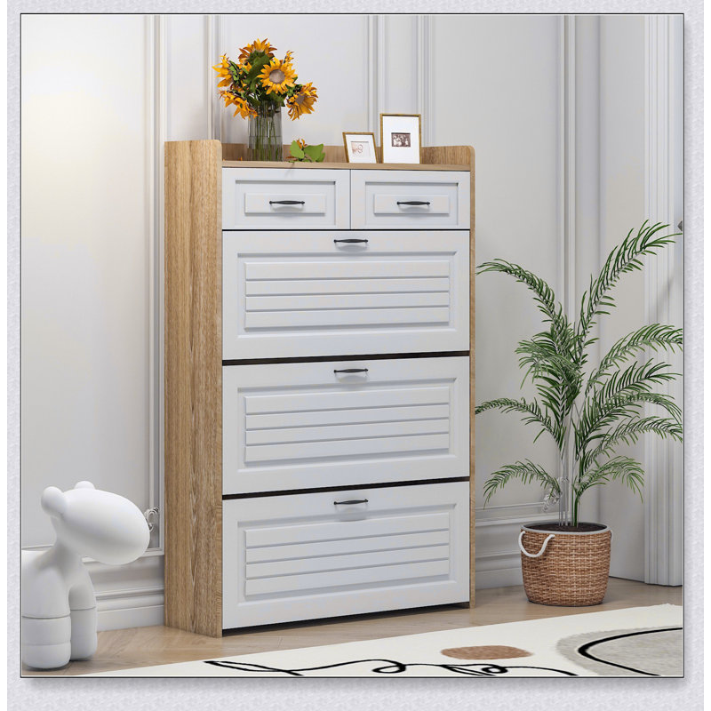 Modern White And Oak Shoe Cabinet With 3 Doors And 2 Drawers, Providing Ample Storage And Elegant Design For Any Home