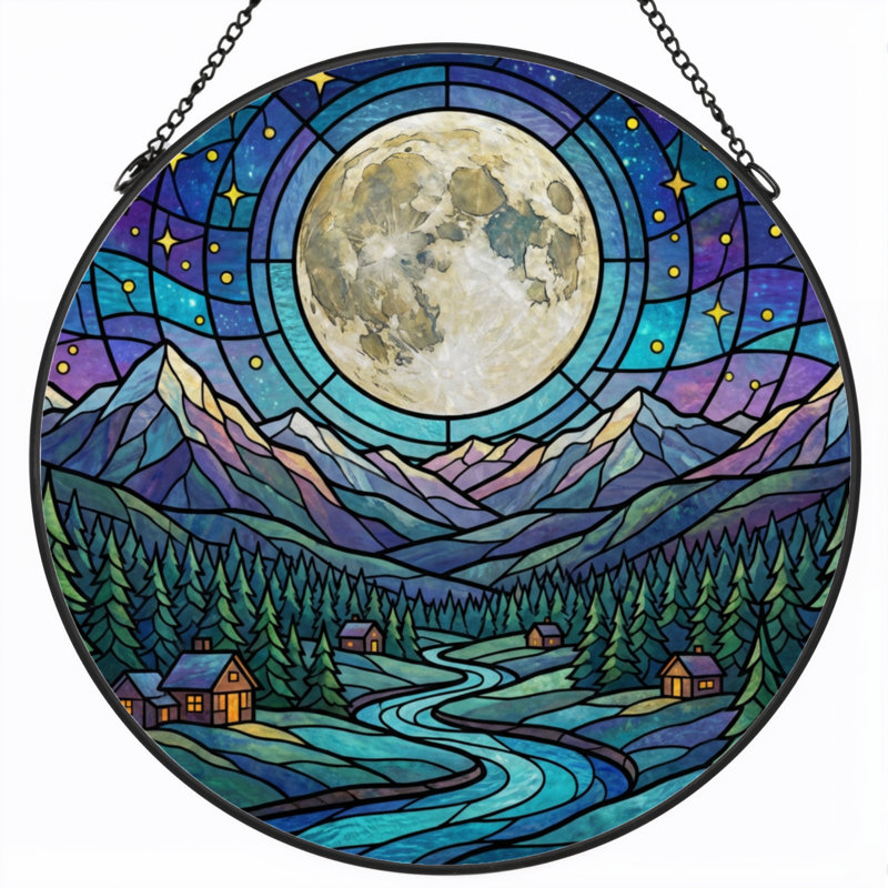 7.8"H Moonlight Mountains Stained Glass Window Panel, 7.8" H x 7.8" W