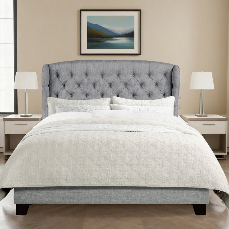 Fabric Upholstered Bed,Tufted Headboard Adjustable Height Bed Frame, Gray, King
