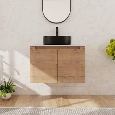 30'' Single Floating Bathroom Vanity With Ceramic Art Sink, Wall Mounted Bathroom Vanity With 2 Soft Close Doors