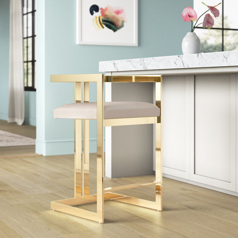 Kenzie Counter Stool with Footrest - Faux Leather Counter Stool – Modern Upholstered Counter Height Seating with Steel Metal Legs -Vegan/Faux Leather - Beige and Gold Counter Stool