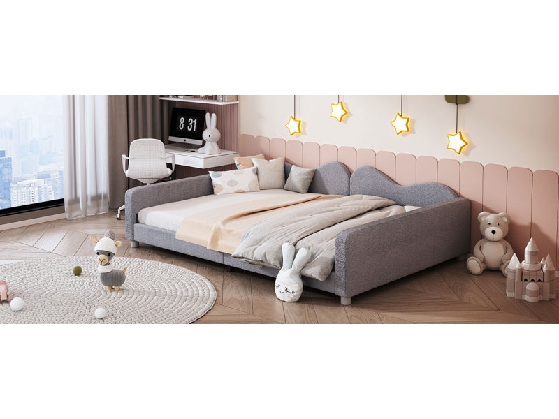 Upholstered Daybed, Sherpa Fabric Sofabed With Cloud-Shaped Backrest, No Box-Spring Needed, Gray