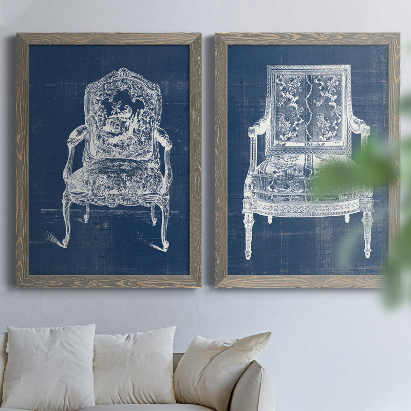 Antique Chair Blueprint V - ensemble de 2 impressions sur toile encadrées, H 23,5 po x l 31,5 x P 0,75 po, Gris