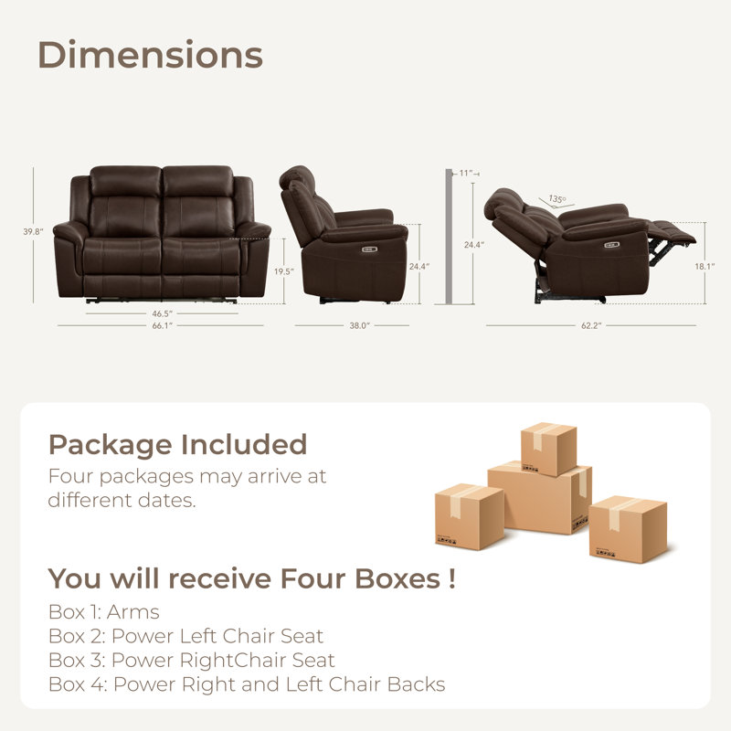 2-Seat Dual Motor zero clearence recliner Genuine Leather Power Recliner Sofa With Power Headrest, Dark Brown