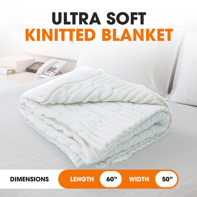 Ivory Cable Knit Acrylic Throw Blanket, 50" x 60"