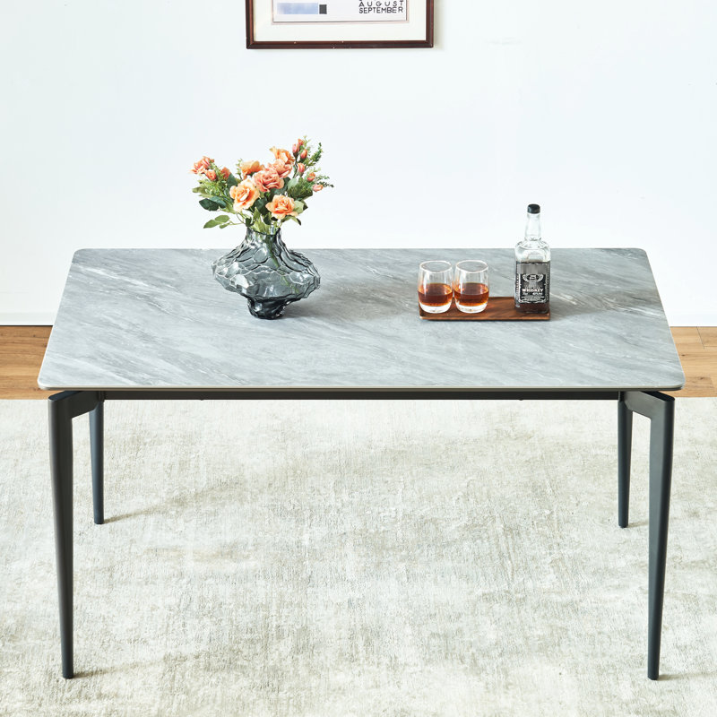 Table de roche brillante avec pieds noirs, table de salle à manger en pierre frittée, table de salle à manger pour 6 à 8 personnes