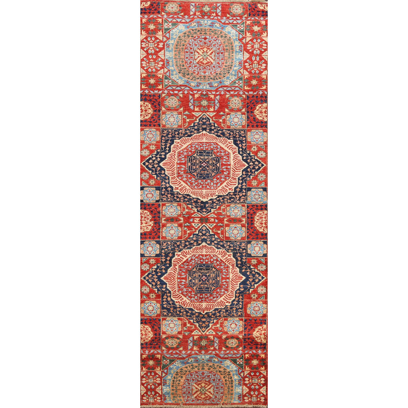 Tapis de couloir rouge en laine noué à la main 2 pi 7 po x 9 pi 3 po