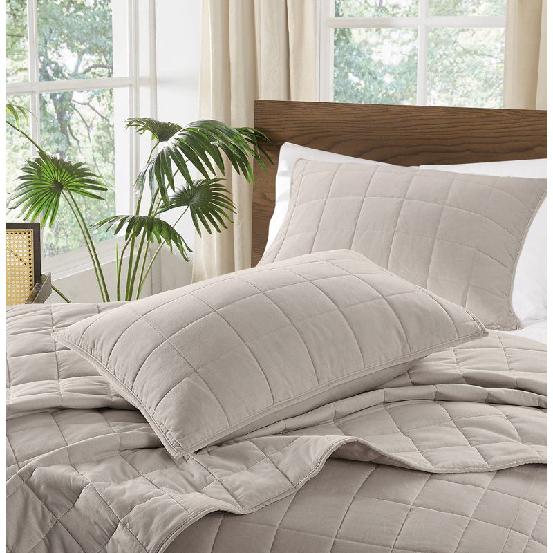 Brooklyn Loom Matte Cotton Velvet Channel Stitch Quilt Set, Gray, Queen Quilt + 2 Queen Shams