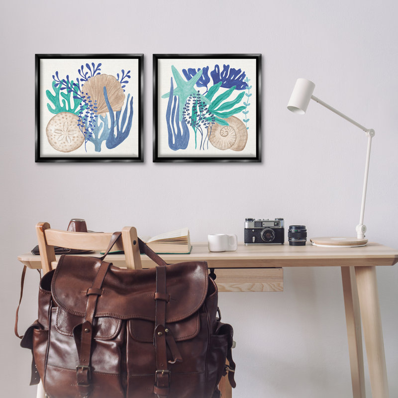  Ensemble de 2 toiles flottantes encadrées Coastal Coral & Seashells par Veronique Charron, H 18 po x l 18 po