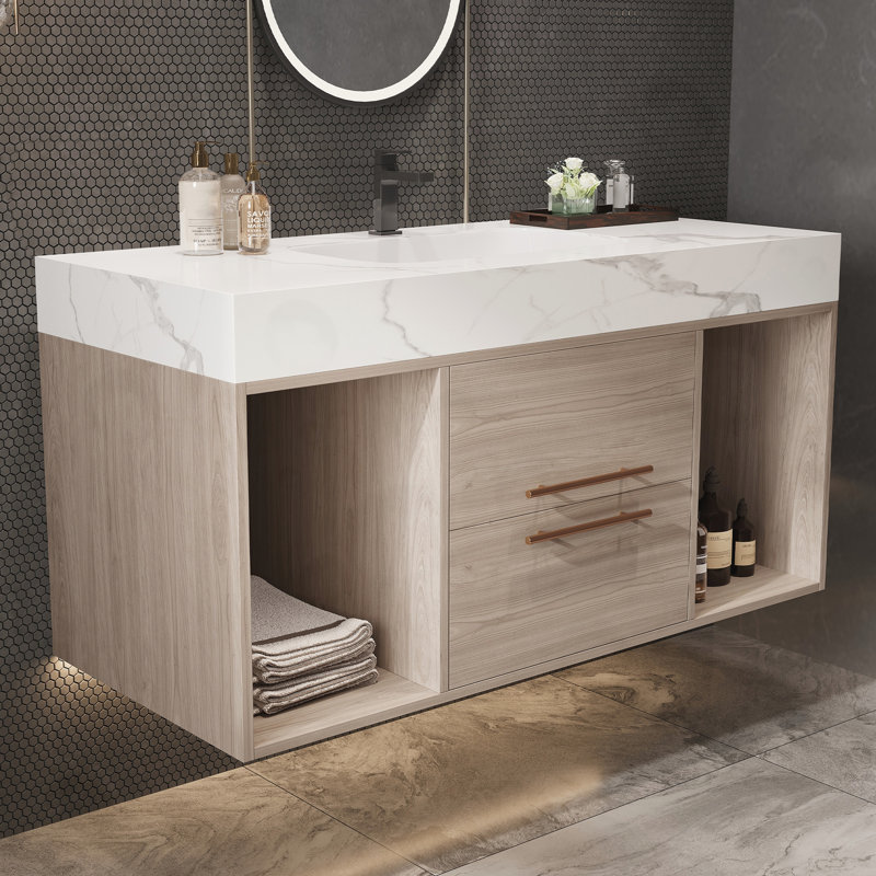 Wall Mounted Vanity With 2 Drawers And 2 Storage Spaces, Natural