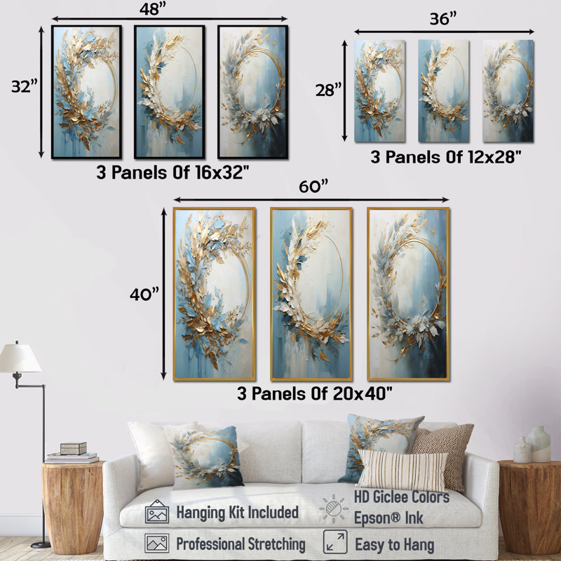«Blue and Gold Wreath Flower», ensemble d'art mural sur toile en forme de couronne, Cadre flottant brun, H 28 po x l 36 po