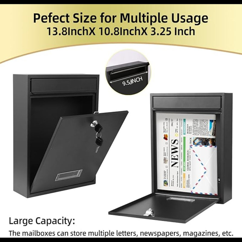 Locking Mailboxes For Outside, Wall Mount Mailbox With Key And Three Sets 0-9 Reflective Sticker Numbers, Large Capacity Anti-Rusting Metal Postbox 13.8X 10.8X 3.25 Inch Black