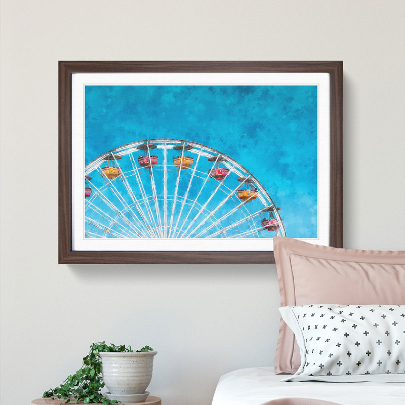 Santa Monica Pier Ferris Wheel - Picture Frame Painting Print, 33cm H x 45cm W x 2cm D, Walnut Framed