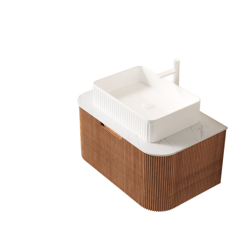 Meuble-lavabo de salle de bain 30 po Dina, armoire de rangement rayée à bords arrondis avec tiroir, lavabo rectangulaire en céramique blanche et plateau en pierre frittée blanche de Carrare, pré-assemblé, couleur grain de bois naturel