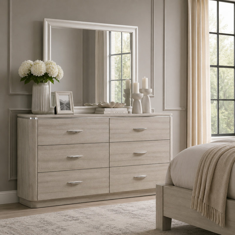Commode large Fezi, 6 tiroirs, poignées en acier argenté, gris poussiéreux