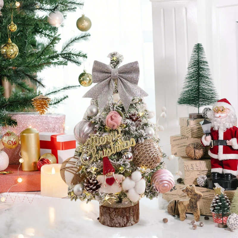 Décorations de Noël, mini arbre de Noël artificiel avec aiguilles de pin floquées, décoration de baies pour décoration d'intérieur, de maison, de bureau et de fête de Noël (rose)