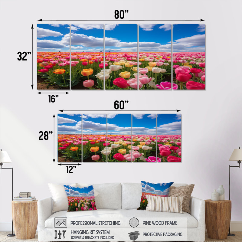 «Rose and Yellow Tulip Field Beauty - Tulip», art mural 5 pièces, H 28 po x l 60 po