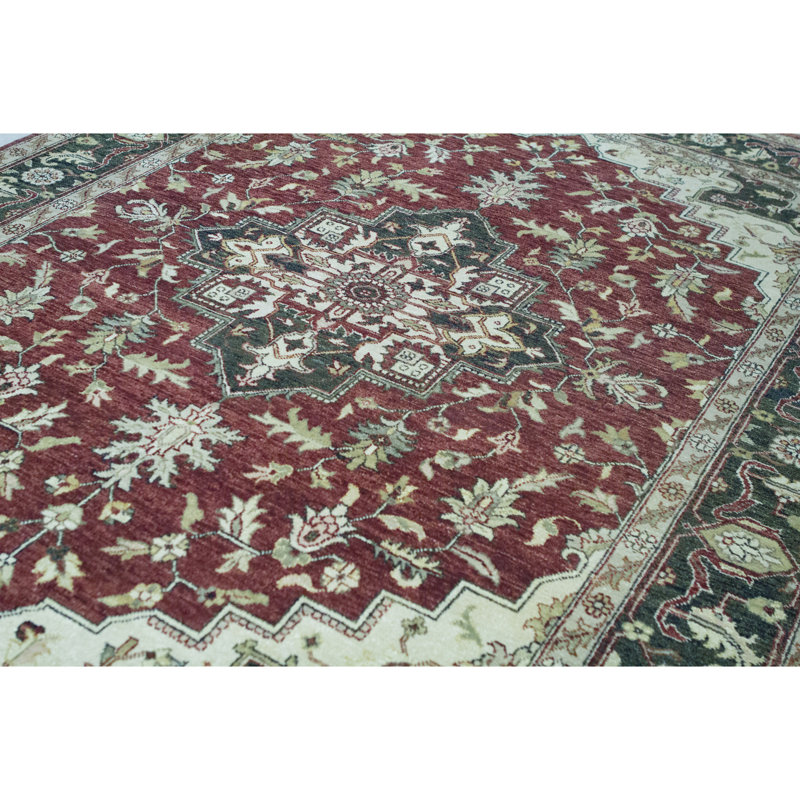 Tapis rouge et bleu noué à la main de haute qualité, Rectangle 9 pi 4 po x 12 pi 4 po