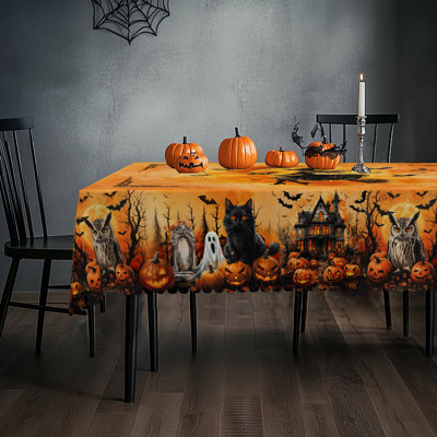 1pc Halloween Themed Printed Tablecloth, Witch Ghost Black Cat Pumpkin Pattern Print, Day Of The Dead Round/Rectangular Table Cloth, Dining Table Decor, Holiday Party Indoor Dining Decoration, Halloween Household Kitchen Supplies Gift