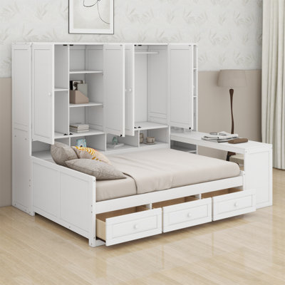 Wooden Daybed With Three Drawers, And All-In-One Cabinet, Desk And Shelves