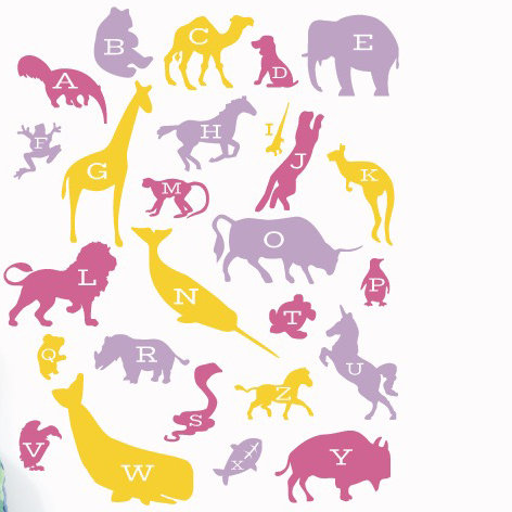 Décalcomanie murale alphabet animaux, Jaune / Rose, H 45 po x l 35 po x P 0,01 po