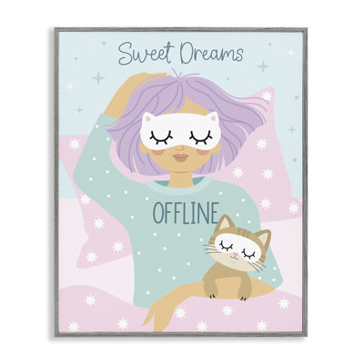 «Sweet Dreams Girl & Cat», art de la giclée encadrée par Ilis Avilés
