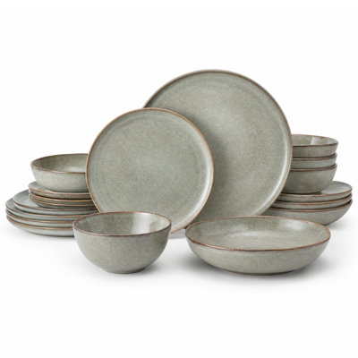 16 Pieces Stoneware Dinnerware Sets, Handcrafted Rustic Ceramic Dishes Set, Reactive Glaze Plates and Bowls Sets for 4