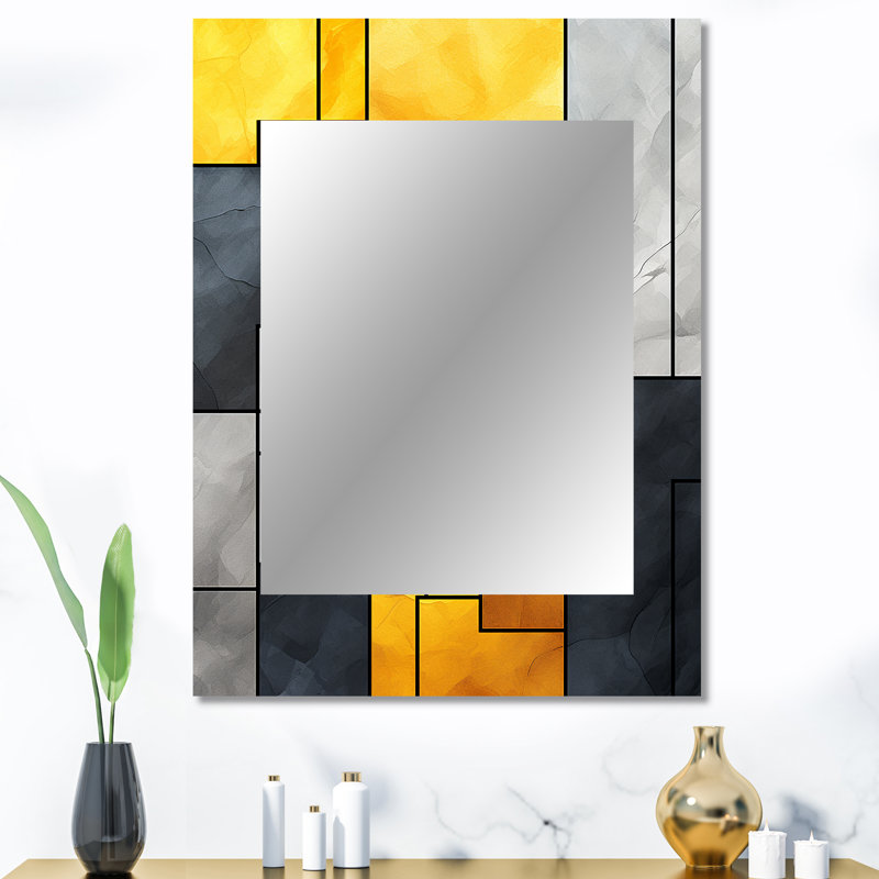 Yellow and Grey geometric fusion 5 - Geometric Unique Wall Mirror, Yellow Mirror, Printed Metal Art, 40" x 30"