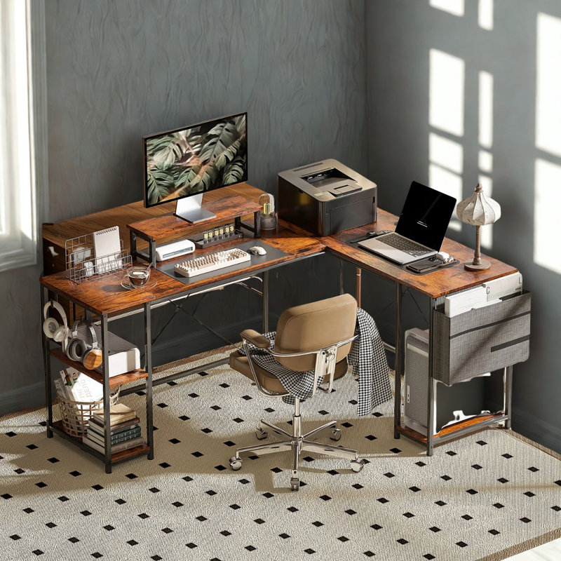 Industrial Large Adjustable L Shaped Computer Desk Storage Shelves Rustic, Brown/Black