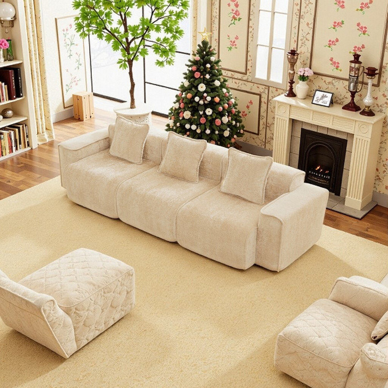 Canapé modulaire à 3 places avec passepoil à bordure française et coussins décoratifs en velours, Marron clair