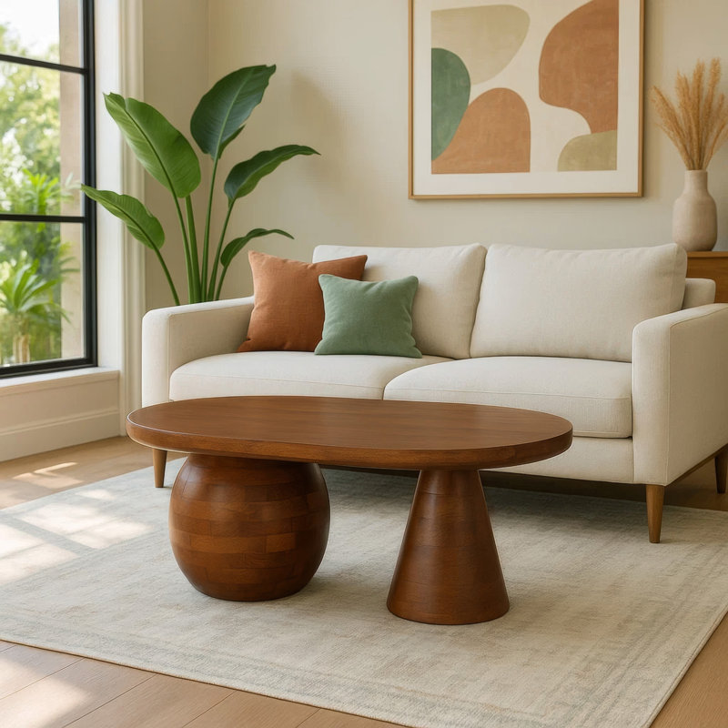 Table basse avec plateau ovale en bois de manguier brun noyer fabriqué à la main 38 po.