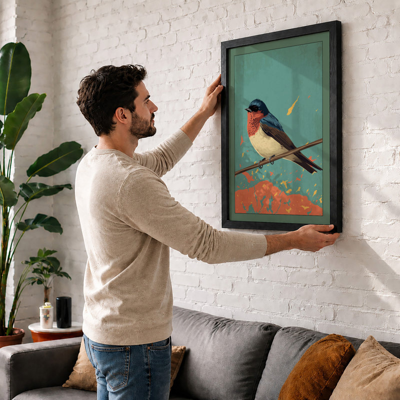 Perched Songbird Modern - Framed Print, A2 - 59.4 x 42.0 cm, Black
