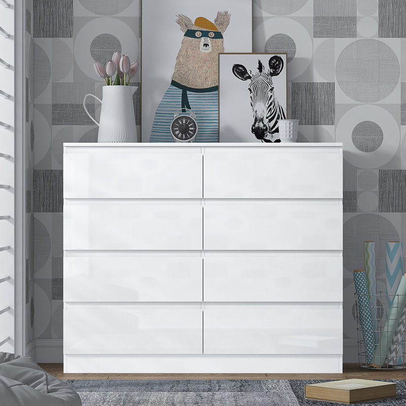 Warren 8 Drawer Chest Of Drawers: 110cm Wide. 14cm Deep Drawers. 4 + 4 Configuration. High Gloss Front. Scratch Resistant. Modern No Handle Design.