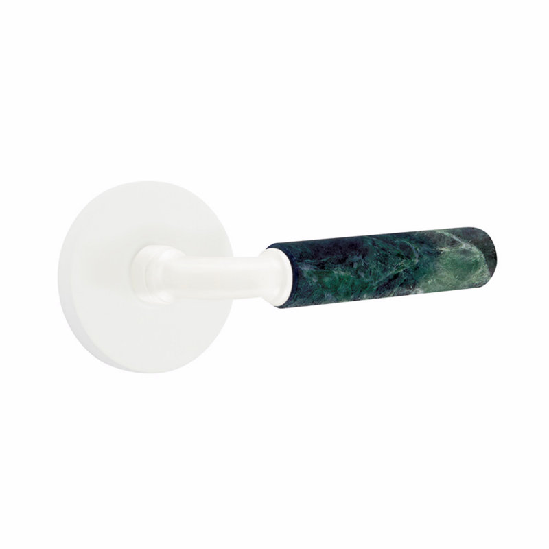Ensemble de leviers d'intimité Emtek Select, rosette à disque, tige en R, poignée en marbre vert, l 6 po x L 6 po, Blanc mat