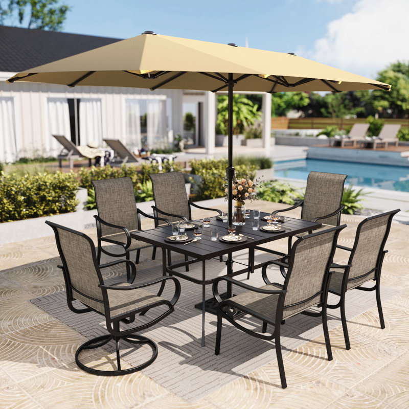 Ensemble de table de salle à manger d'extérieur 7 pièces avec parasol, Oui