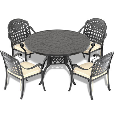 Black 5-Piece Cast Aluminum Outdoor Dining Set, Patio Furniture With 47.24 In. Round Table And Random Color Cushions -  Canora Grey, 1EC4075EB49447F4A5C736498DCD6D55