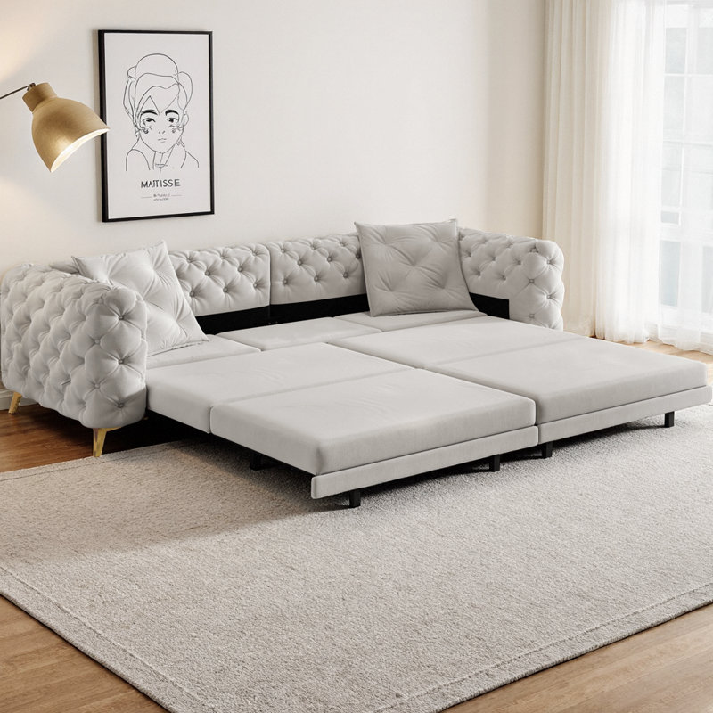Canapé-lit convertible 3-en-1 de 97,7 po en velours 4 places avec repose-pieds mobile, canapé-lit capitonné pour salon, petit espace, appartement, bureau, chambre à coucher