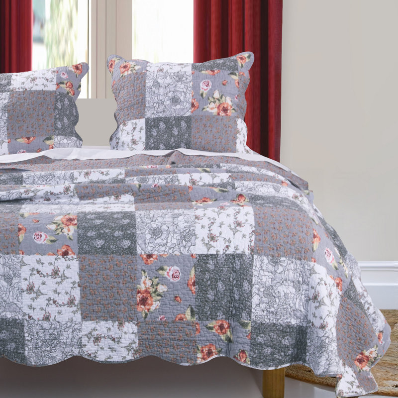 Floral Patchwork Gray and White Microfiber Quilt Set