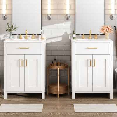 Meuble-lavabo double de 48 pouces avec éviers en céramique, fabrication en bois massif, panneaux et portes à fermeture en douceur pour une solution de salle de bain Tablette ajustable en U moderne