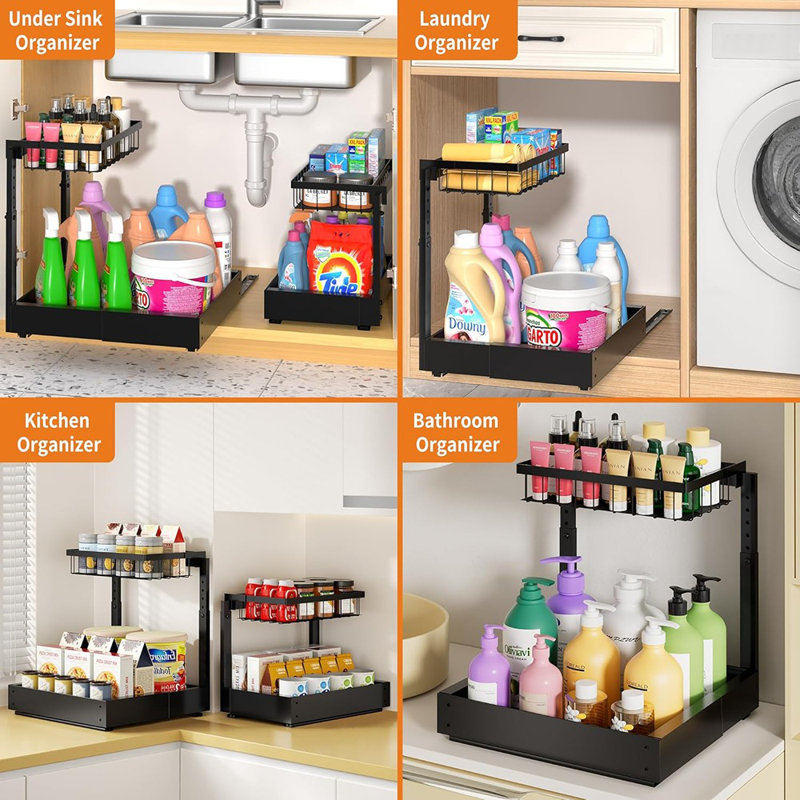 Ensemble de 2 tablettes extensibles sous évier à 2 niveaux - Armoire de rangement réglable pour la cuisine et la salle de bain
