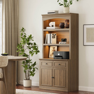 71.3"H x 33.86"W Bookcase with LED Lighting, Storage Cabinets and Drawers, Traditional Display Bookshelf