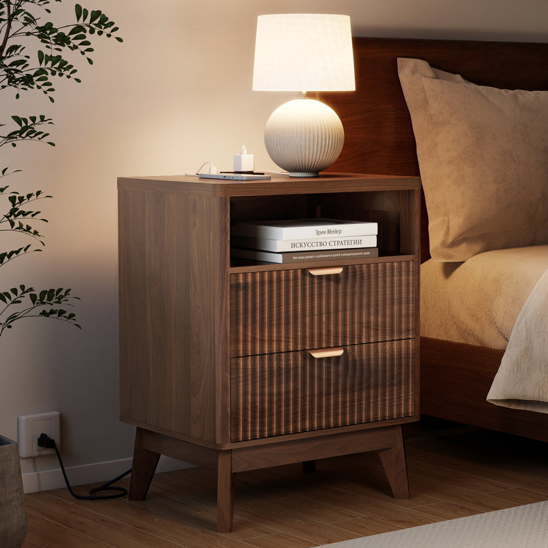 Ensemble de 2 tables de chevet avec table de recharge Rhyth Walnut, Noyer, Ensemble de 2