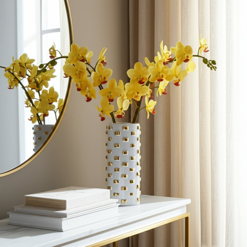 Stoneware Decorative Vase with Textured Raised Rectangular Stud Accents and Cylindrical Silhouette, 11" H x 6" W x 6" D